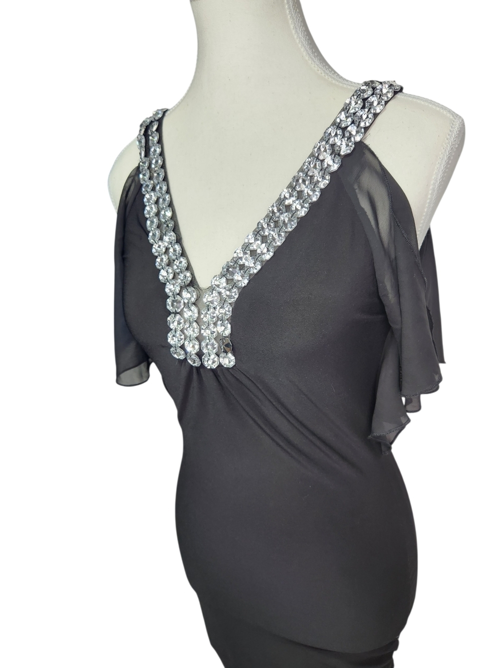 Body Central Black Rhinestone V-Neck Dress Cold Shoulder Bodycon Party Small Y2K - Picture 3 of 11